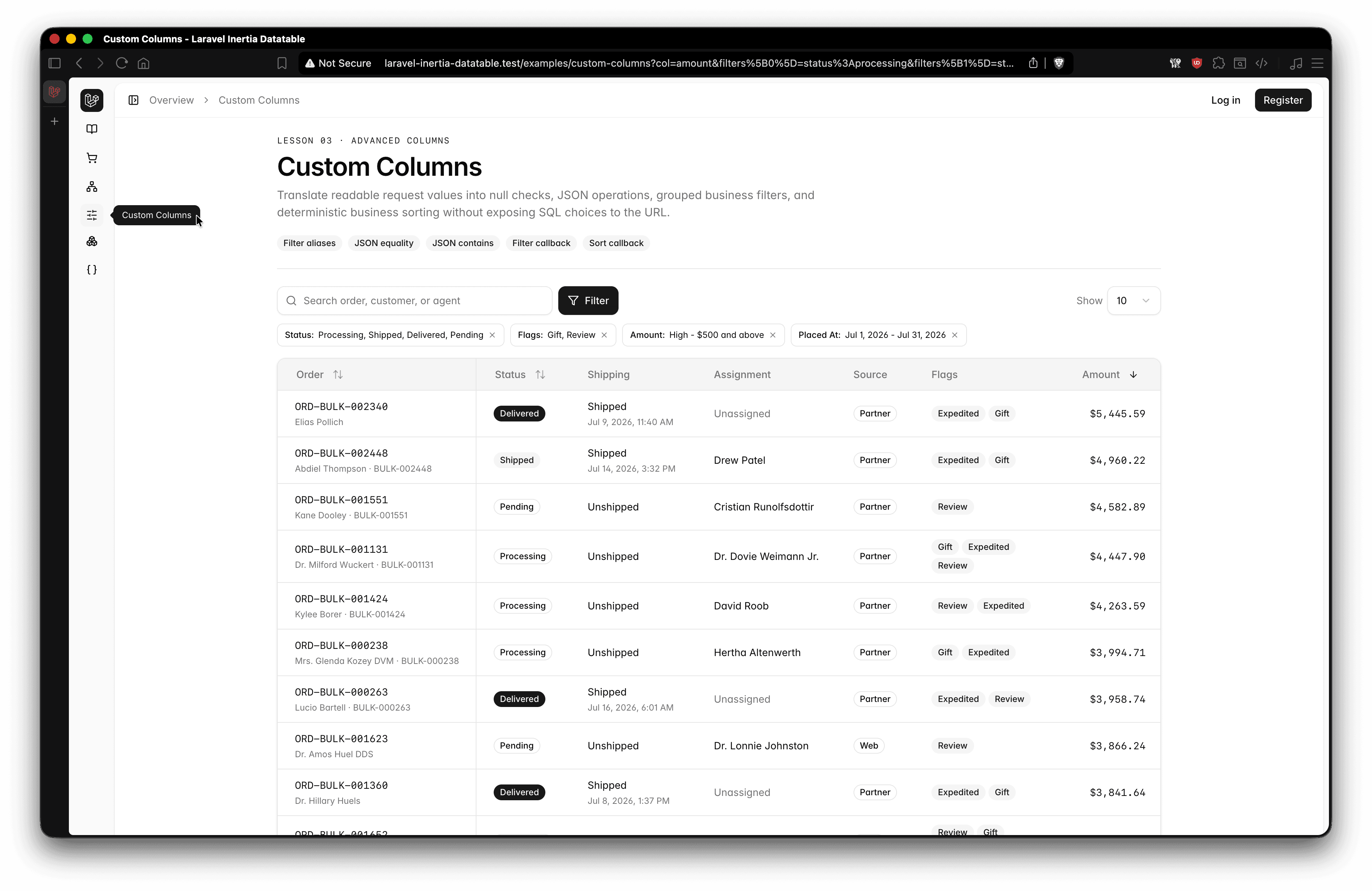 Custom Columns DataTable